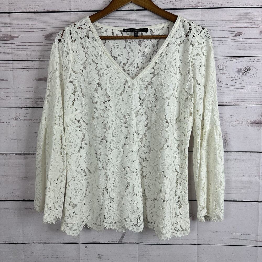 WHBM‎ Top Womens Medium White Floral Lace Career Office Blouse Shirt Cottagecore